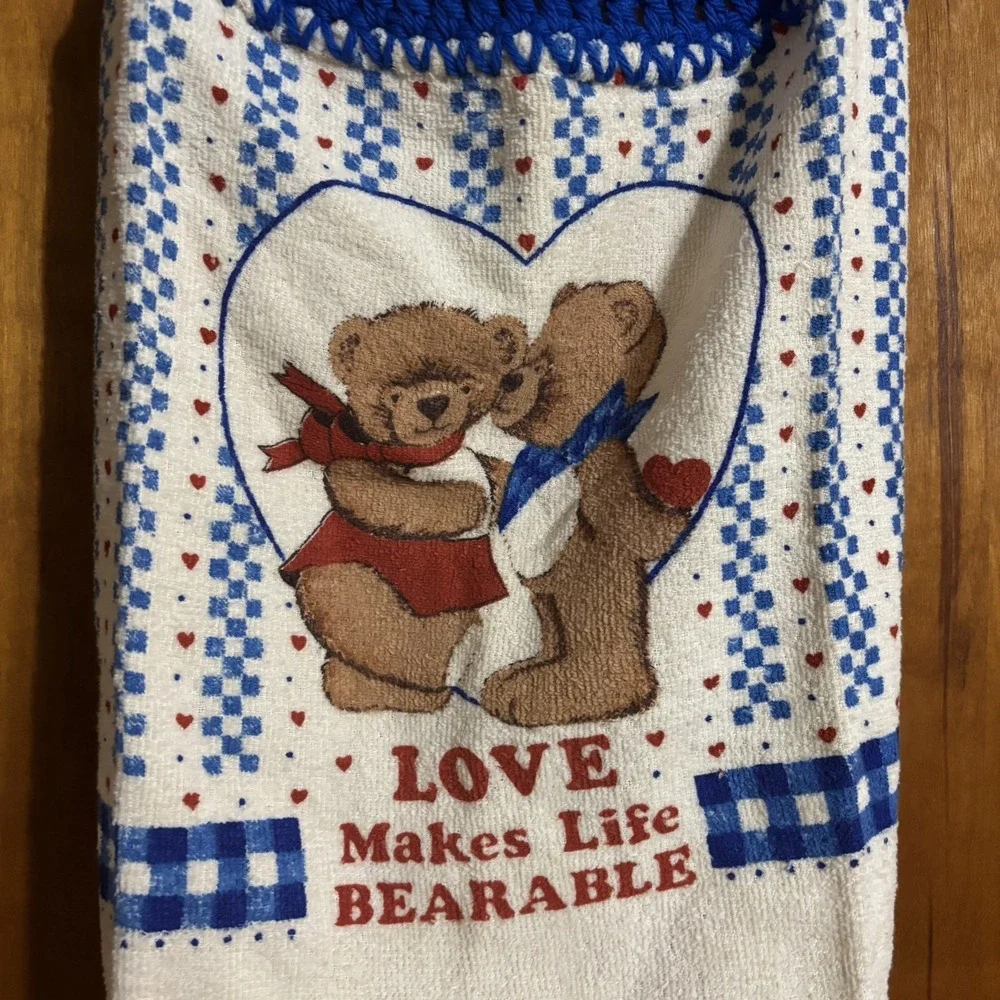 1 Blue Yarn Crochet Top Hanging Kitchen Towel Country Teddy Bears Granny Core